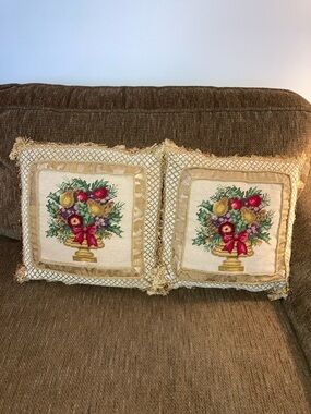 Set of Two Gold & Red Needlepoint Accent Pillows with Festive Urn